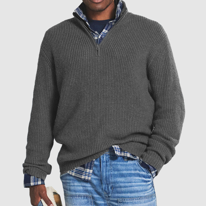 Pull En Cachemire Côtelé Pour Homme, Doté D'une Fermeture Éclair Sur Un Quart De La Longueur Et D'une Coupe Classique : Un Modèle Élégant Et Confortable, Idéal Pour Un Style Chic Et Décontracté Et Pour Un Usage Quotidien.