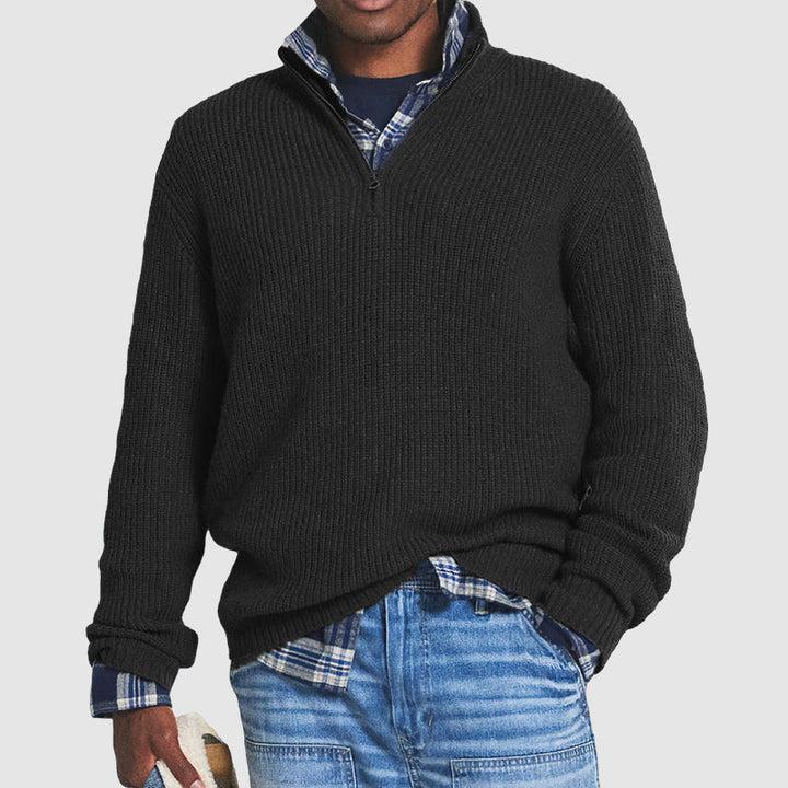Pull En Cachemire Côtelé Pour Homme, Doté D'une Fermeture Éclair Sur Un Quart De La Longueur Et D'une Coupe Classique : Un Modèle Élégant Et Confortable, Idéal Pour Un Style Chic Et Décontracté Et Pour Un Usage Quotidien.