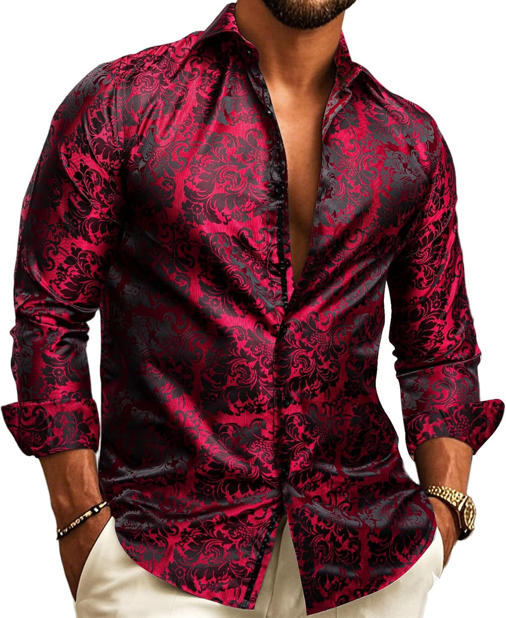 Chemise À Manches Longues Pour Homme, Avec Un Motif Jacquard Paisley – Une Chemise Élégante Idéale Pour Les Mariages, Les Occasions Festives Et Les Soirées
