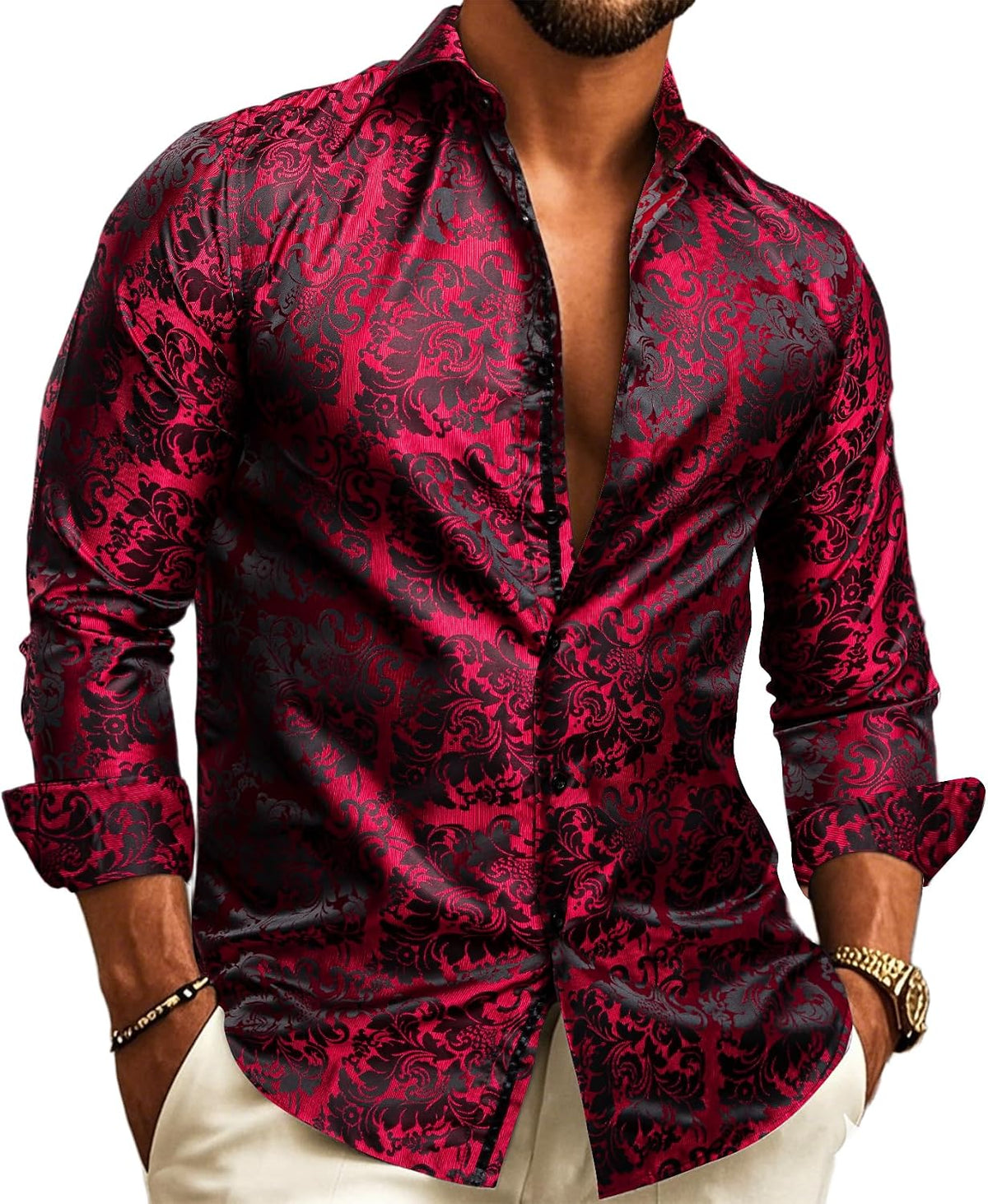 Chemise À Manches Longues Pour Homme, Avec Un Motif Jacquard Paisley – Une Chemise Élégante Idéale Pour Les Mariages, Les Occasions Festives Et Les Soirées