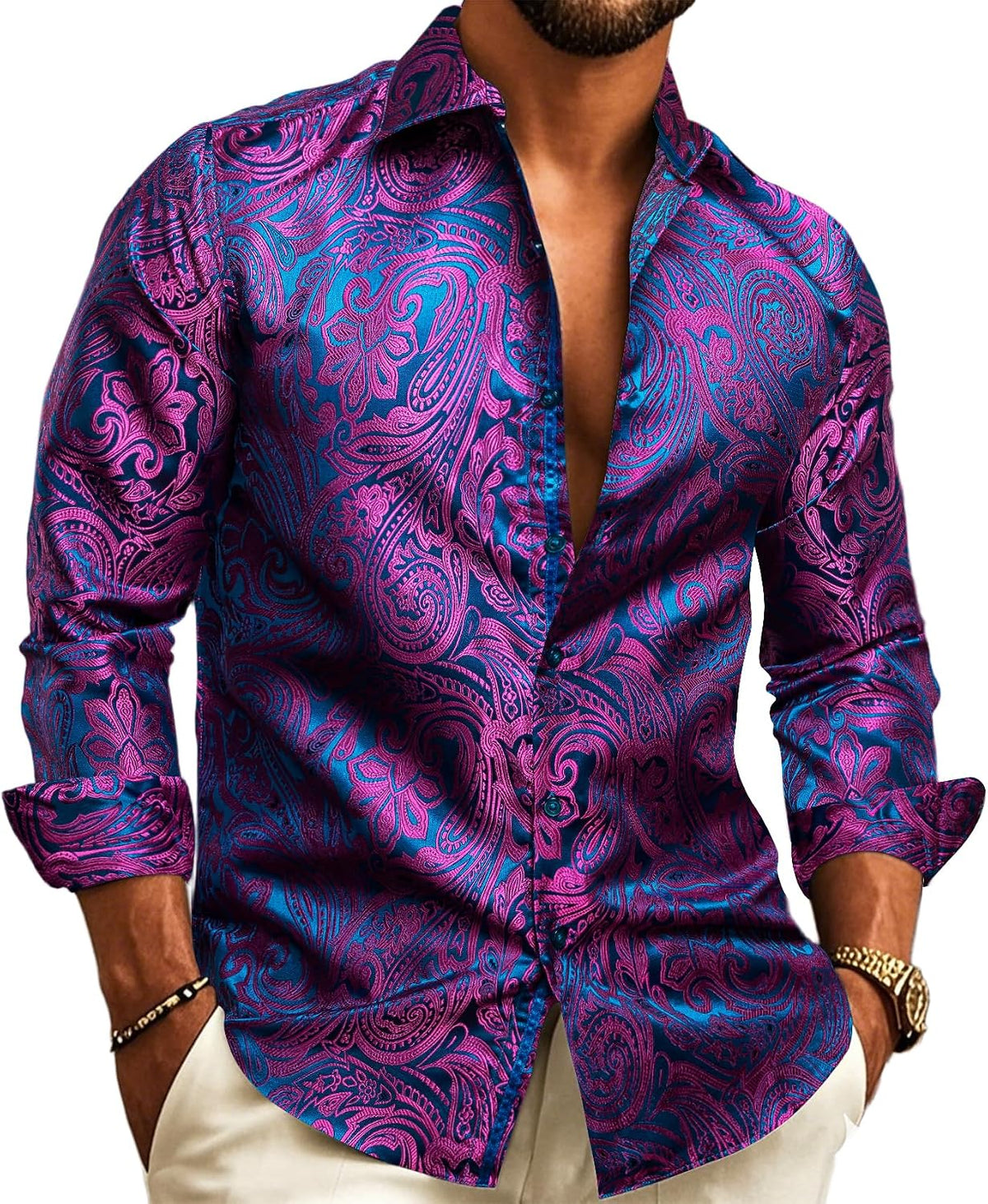 Chemise À Manches Longues Pour Homme, Avec Un Motif Jacquard Paisley – Une Chemise Élégante Idéale Pour Les Mariages, Les Occasions Festives Et Les Soirées