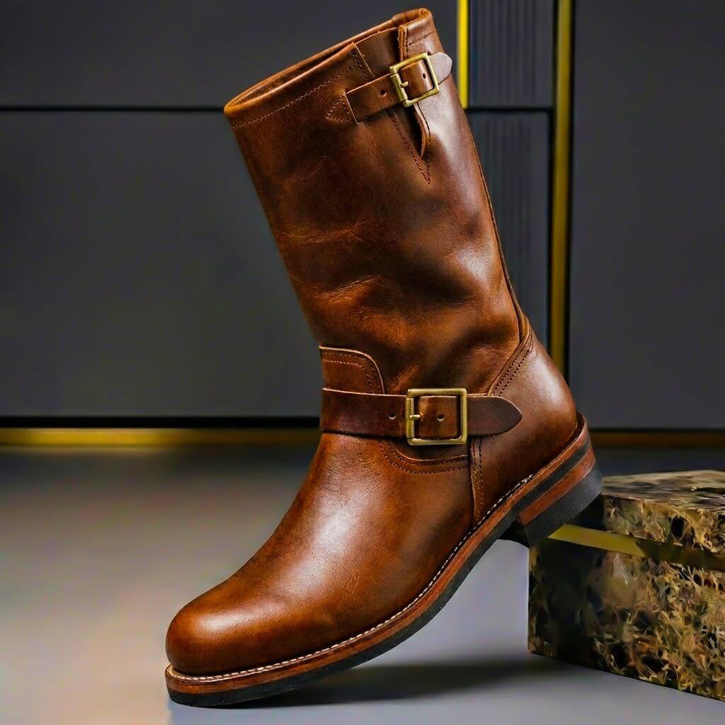 Bottes D'ingénieur Pour Homme En Cuir Véritable, Dotées De Boucles Et D'une Tige Mi-mollet — Des Bottes Robustes Pour L'automne Et L'hiver