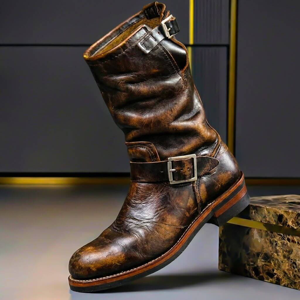 Bottes D'ingénieur Pour Homme En Cuir Véritable, Dotées De Boucles Et D'une Tige Mi-mollet — Des Bottes Robustes Pour L'automne Et L'hiver