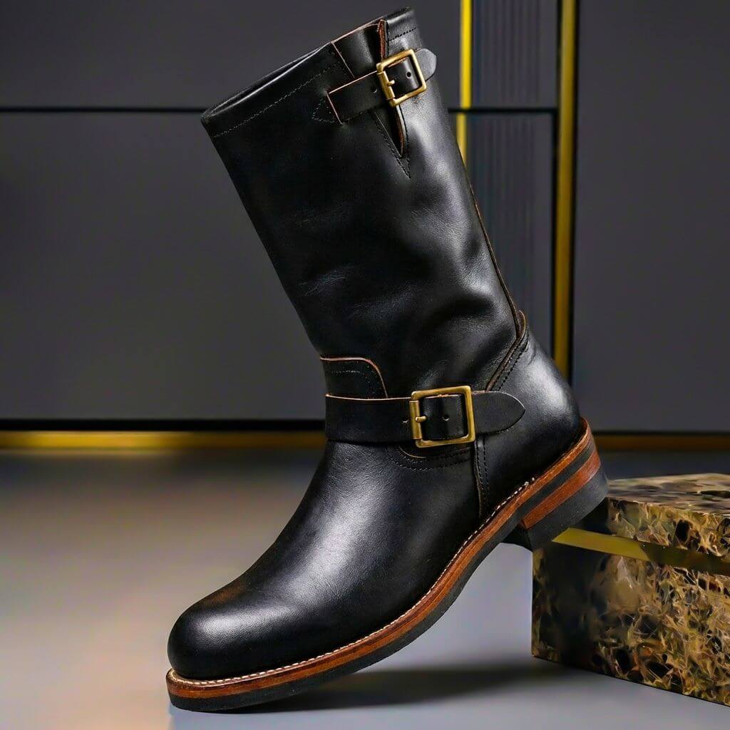 Bottes D'ingénieur Pour Homme En Cuir Véritable, Dotées De Boucles Et D'une Tige Mi-mollet — Des Bottes Robustes Pour L'automne Et L'hiver