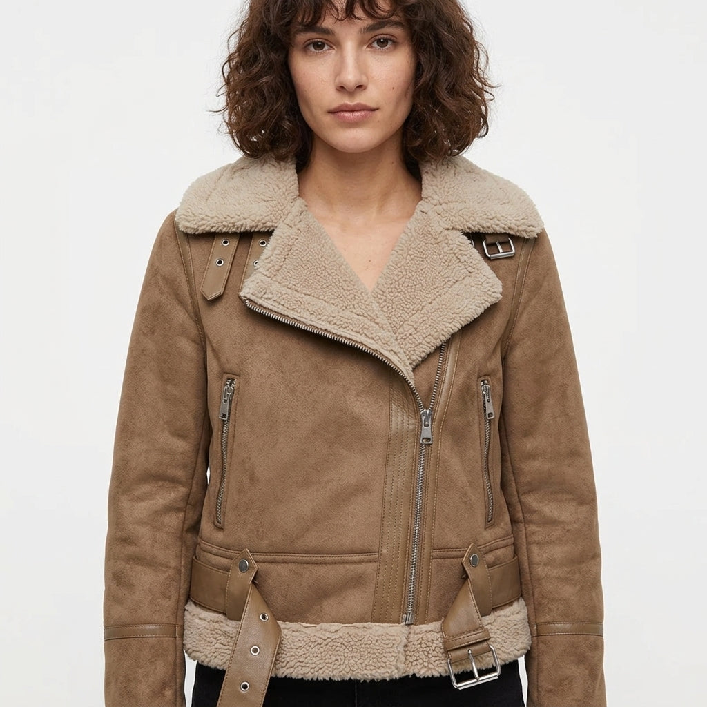 Veste En Cuir Pour Femme De Style Motard Avec Doublure En Sherpa – Une Veste Chaude Et Élégante Pour L'automne, L'hiver Et Un Look Moderne AU Quotidien