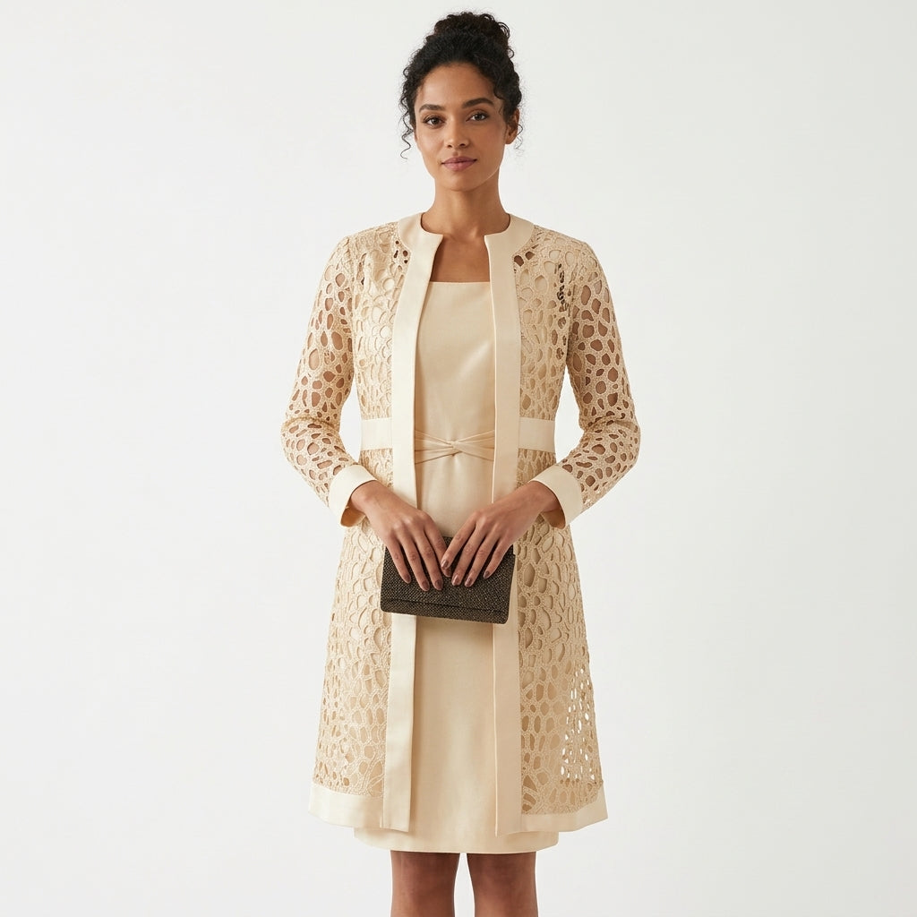 Ensemble Pour Femme Composé D'un Cardigan En Dentelle Et D'une Robe Avec Un Détail Torsadé À La Taille : Un Ensemble Coordonné Et Féminin, Idéal Pour Des Tenues Élégantes AU Quotidien Ou Pour Les Occasions Spéciales