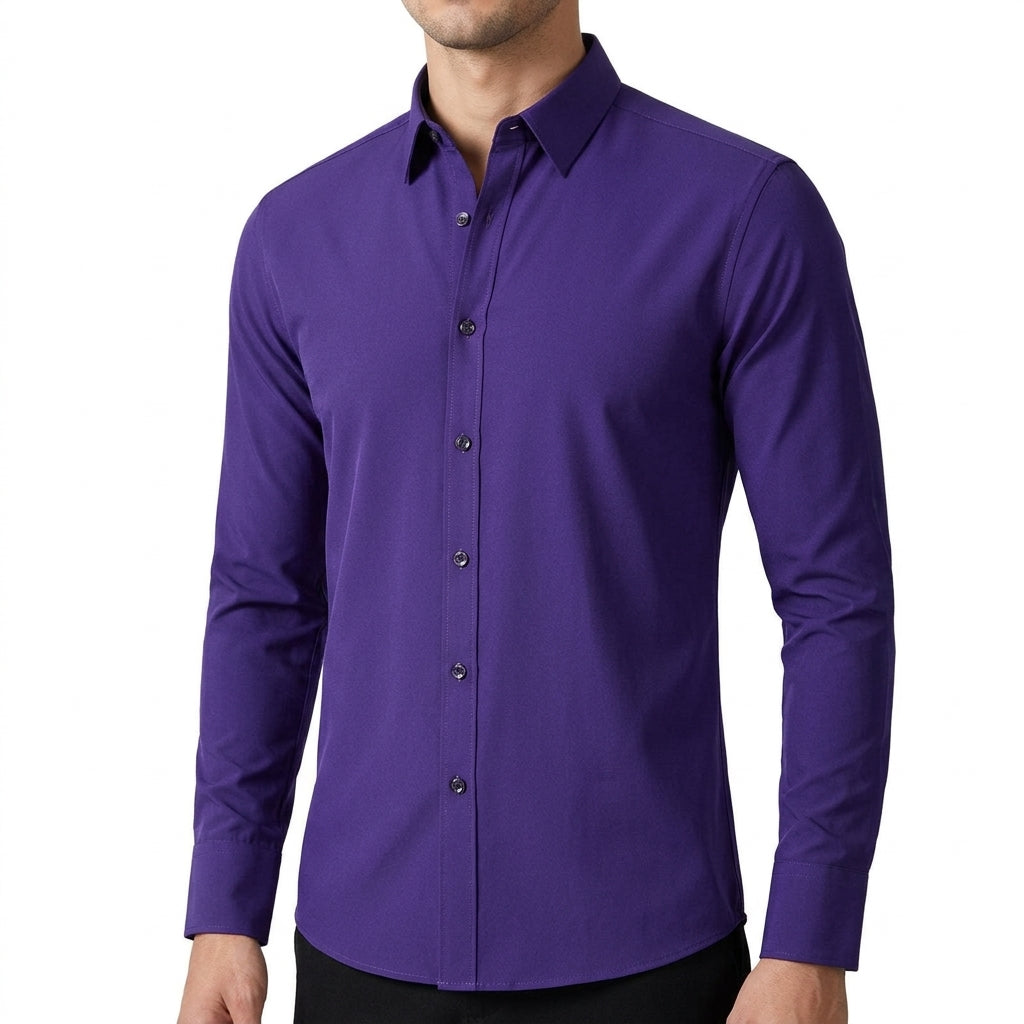 Chemise Pour Homme À La Coupe Ajustée, En Tissu Extensible Et Infroissable : Une Chemise Élégante, Idéale Pour Le Travail Et Les Occasions Formelles