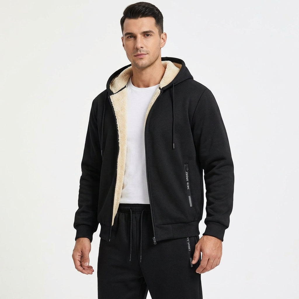 Survêtement Pour Homme Avec Doublure En Peluche, Sweat À Capuche Zippé Et Pantalon De Jogging : Un Ensemble Chaud Et Confortable, Idéal Pour L'hiver, Les Voyages Et Les Loisirs