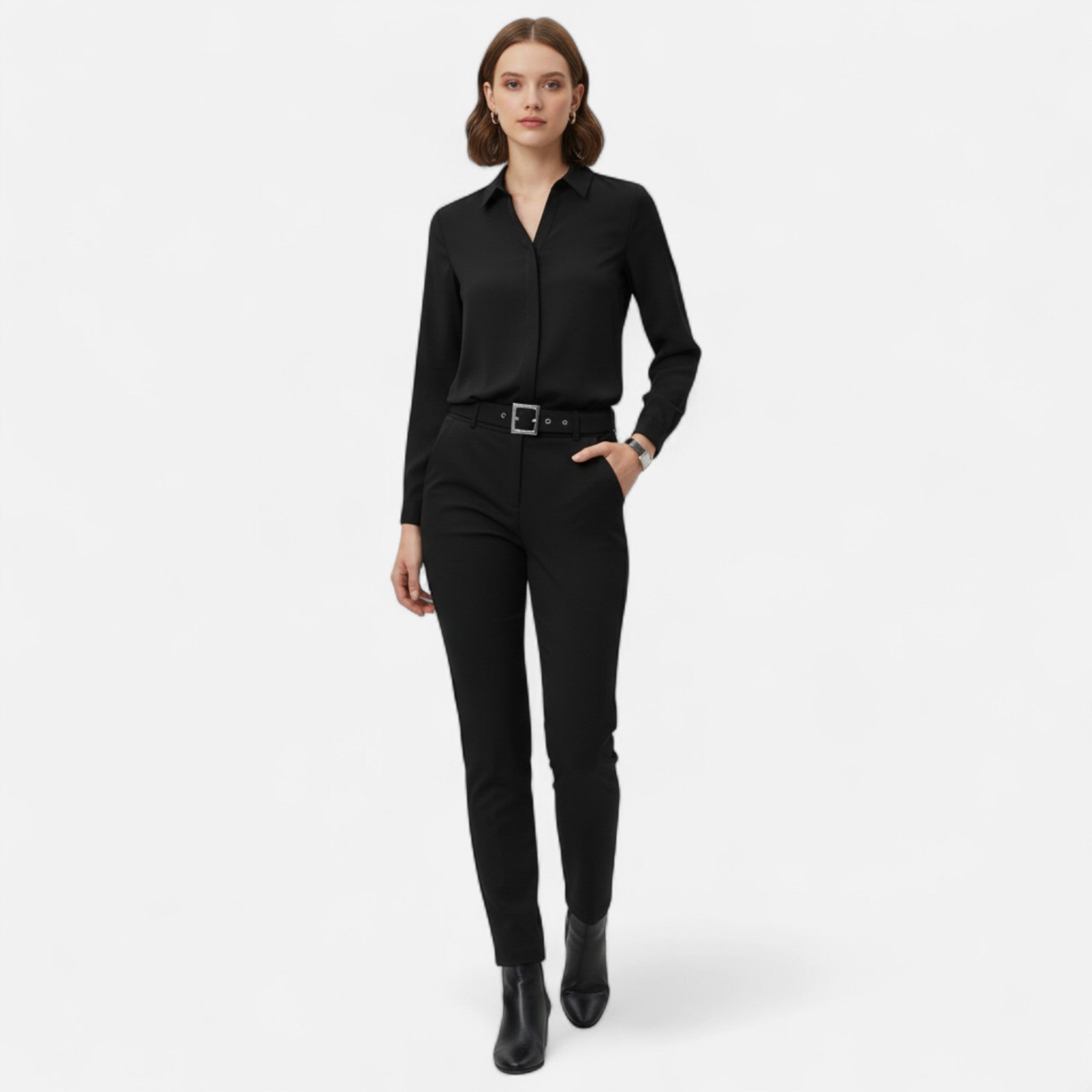 Modero | Blouse femme à col V boutonné, coupe ajustée