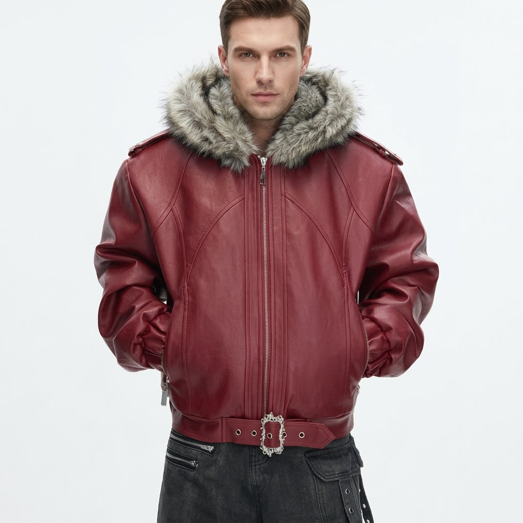 Blouson Aviateur Pour Homme En Simili Cuir, Avec Capuche Et Bordure En Fourrure : Un Blouson D'hiver Chaud, Orné De Boucles AU Niveau De L'ourlet, Idéal Pour Un Look Décontracté AU Quotidien