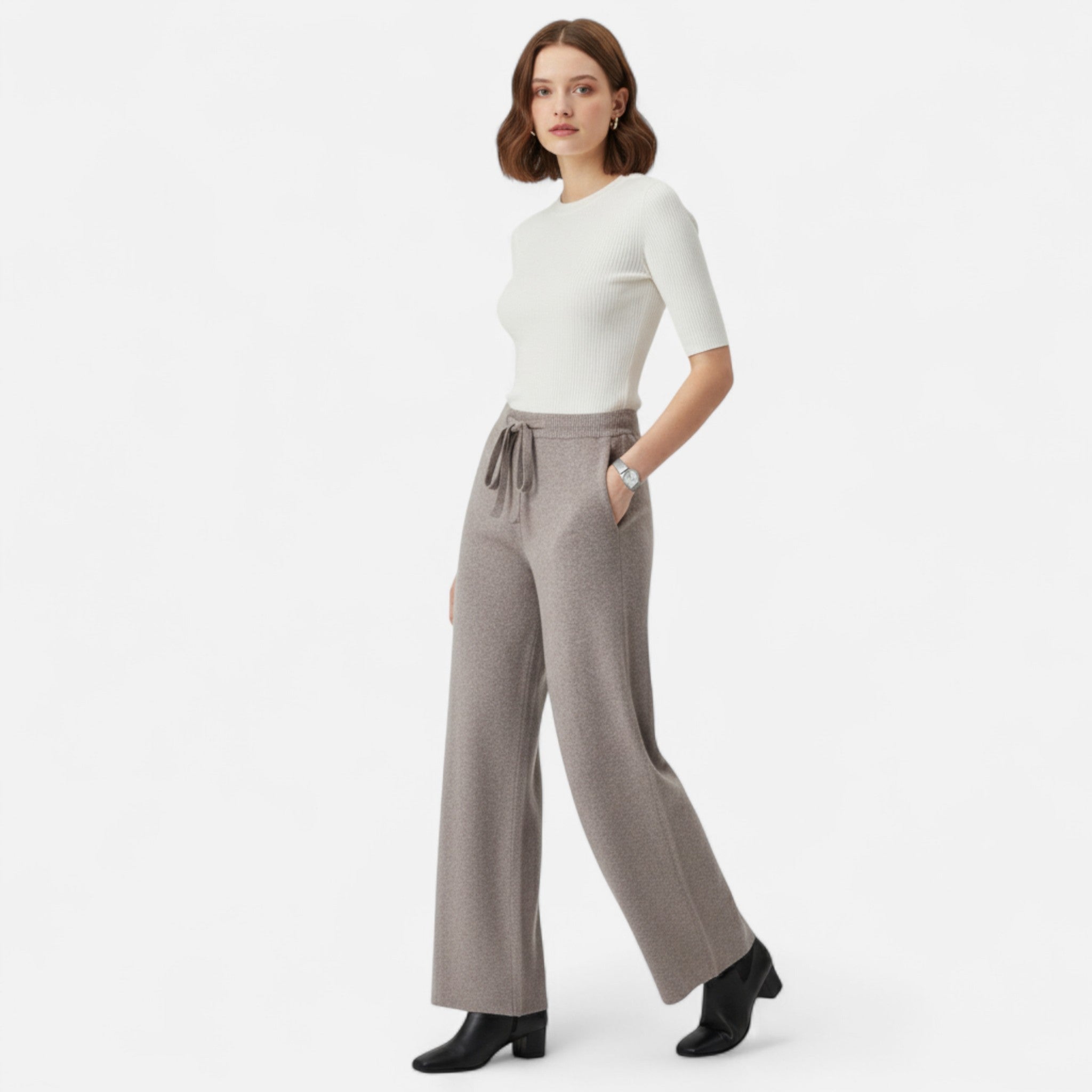 Modero | Pantalon en maille femme, taille haute jambe droite