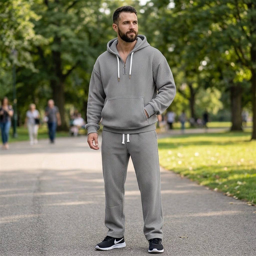 Ensemble De Sport Pour Homme En Maille Gaufrée, Composé D'un Sweat À Capuche À Demi-zip Et D'un Pantalon De Survêtement : Une Tenue Décontractée Idéale Pour Voyager Et Se Détendre