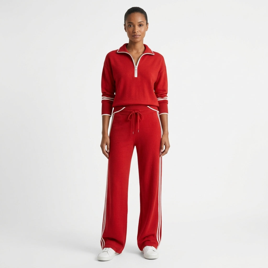 Ensemble De Détente Pour Femme Composé D'un Sweat À Demi-zip Et D'un Pantalon À Jambes Larges : Un Ensemble Doux Et Extensible, Idéal Pour Se Détendre Et Voyager