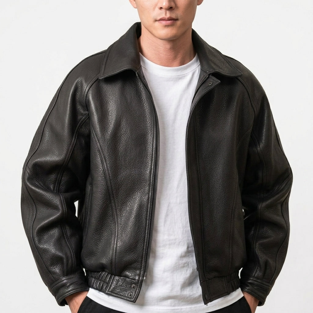 Veste En Cuir Pour Homme Avec Fermeture Éclair Et Col Texturé – Un Vêtement D'extérieur Classique Pour Le Printemps Et L'automne