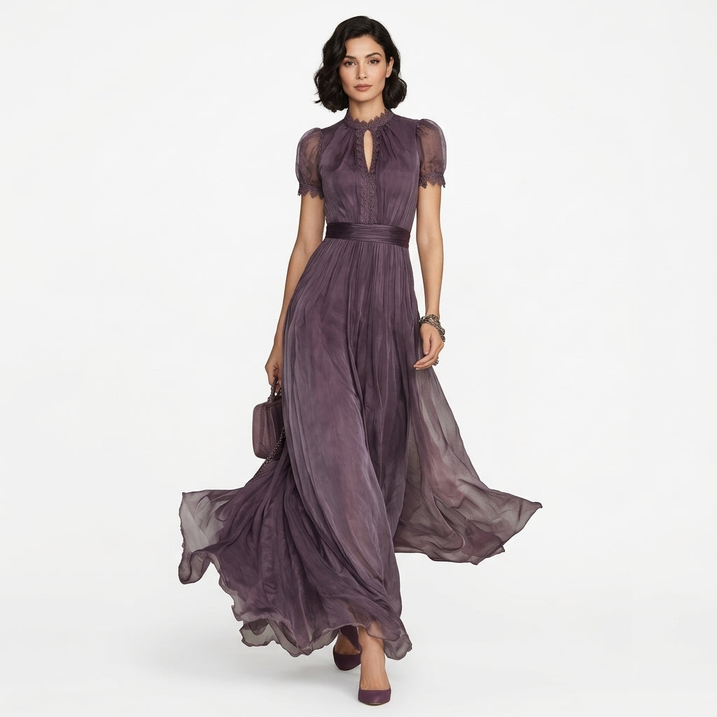 Robe Longue Pour Femme Avec Bordure En Dentelle Et Taille Froncée : Une Robe Élégante Idéale Pour Les Fêtes, Les Mariages Et Les Occasions Spéciales