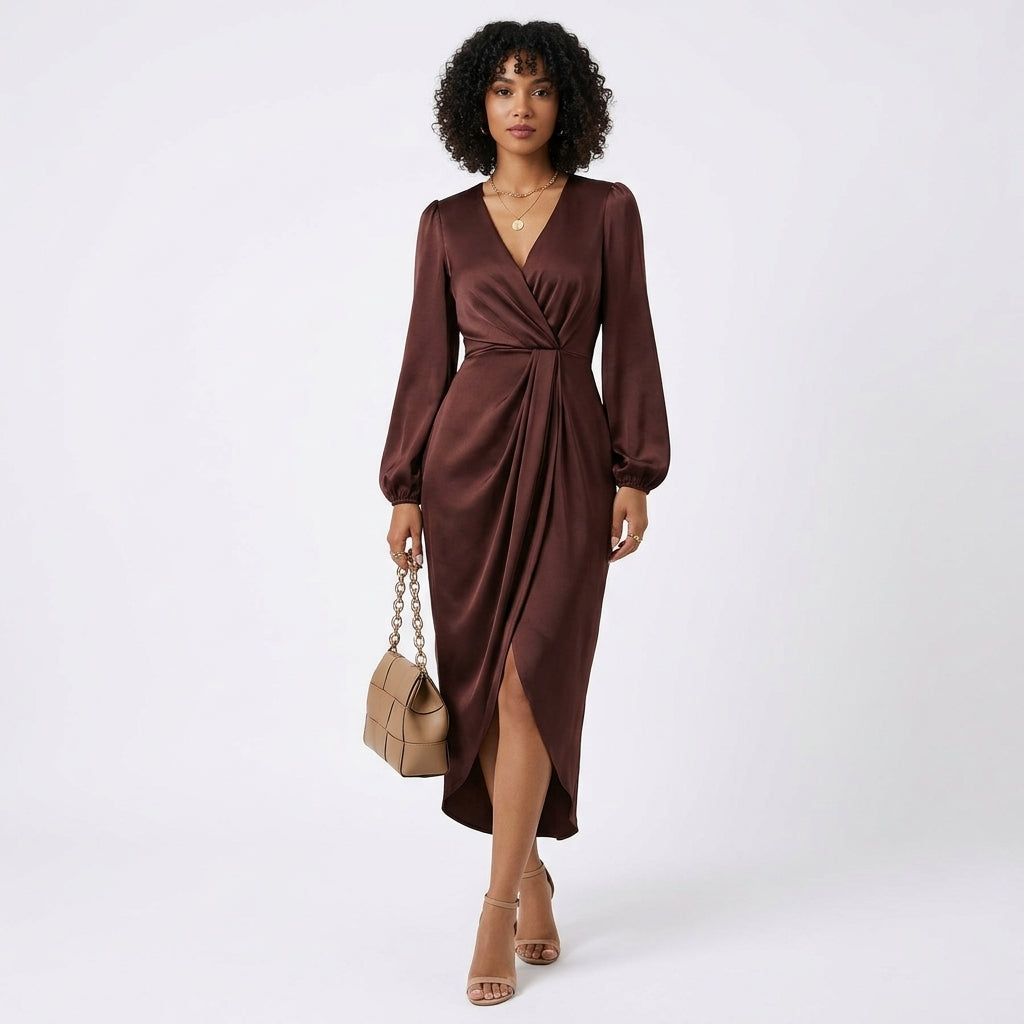 Robe Mi-longue Drapée À Effet Cache-cœur Pour Femme – Une Robe Élégante Pour Les Soirées, Les Dîners Et Les Occasions Spéciales