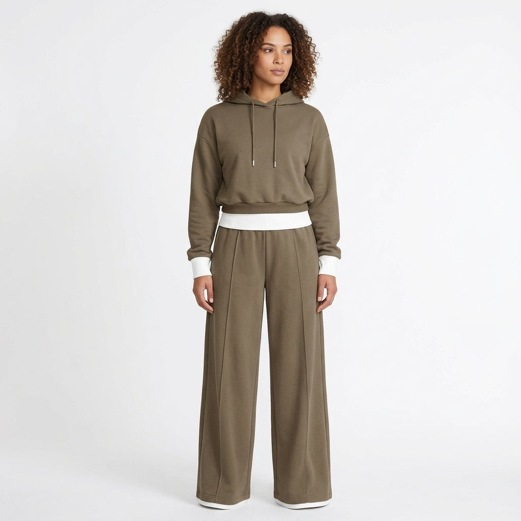 Ensemble Deux Pièces Pour Femme Composé D'un Sweat À Capuche Et D'un Pantalon À Jambes Larges : Une Tenue Décontractée En Coton Mélangé, Confortable, Idéale Pour Le Quotidien Et Les Loisirs