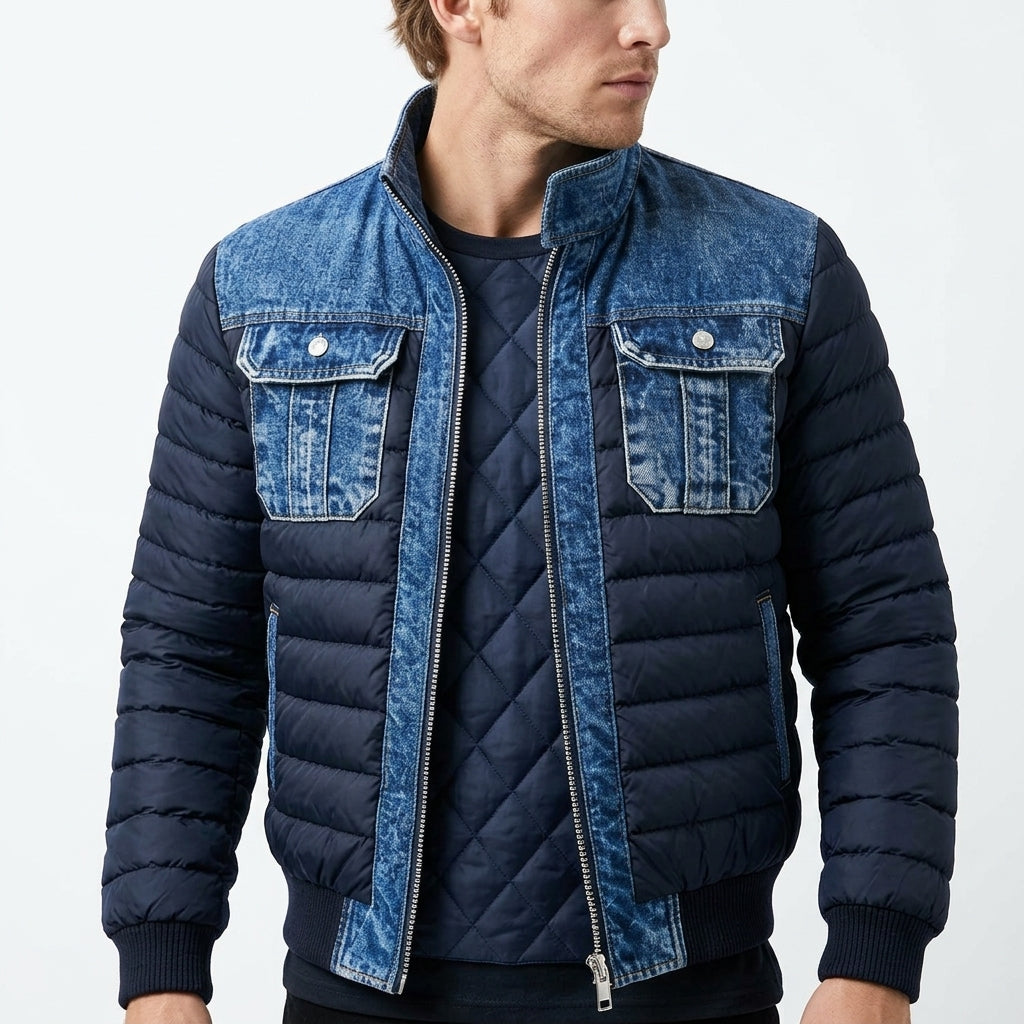 Blouson Bomber Matelassé Pour Homme, Avec Empiècements En Denim Et Poches Pratiques : Un Blouson D'hiver Chaud, Idéal Pour Un Usage Quotidien Et Un Style Urbain Décontracté