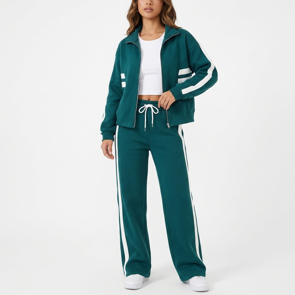 Ensemble De Détente Deux Pièces Pour Femme, À Rayures Contrastées Et Fermeture À Glissière : Une Tenue De Sport Décontractée, Idéale Pour Un Confort AU Quotidien