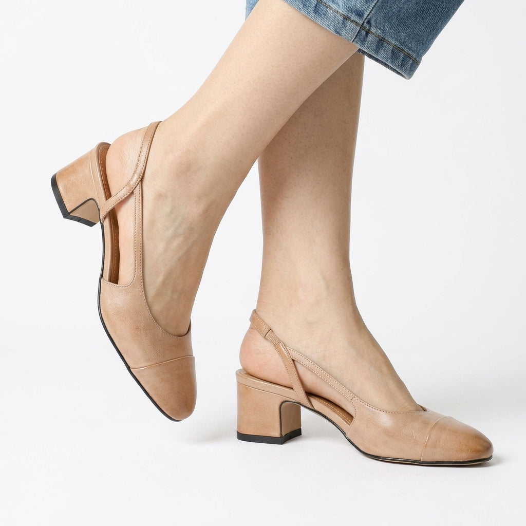 Escarpins À Bride Arrière En Cuir Véritable Pour Femme, Dotés D'un Talon Bloc Rembourré De Hauteur Moyenne — Des Chaussures Élégantes, Idéales Pour Le Bureau Et Les Tenues De Soirée