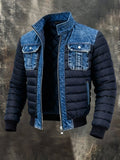 Blouson Bomber Matelassé Pour Homme, Avec Empiècements En Denim Et Poches Pratiques : Un Blouson D'hiver Chaud, Idéal Pour Un Usage Quotidien Et Un Style Urbain Décontracté