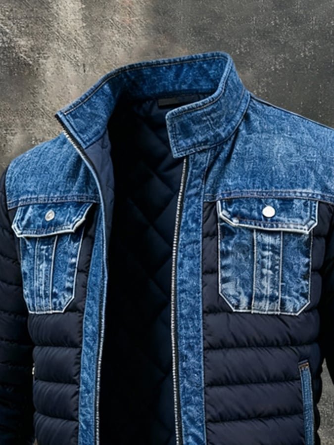 Blouson Bomber Matelassé Pour Homme, Avec Empiècements En Denim Et Poches Pratiques : Un Blouson D'hiver Chaud, Idéal Pour Un Usage Quotidien Et Un Style Urbain Décontracté