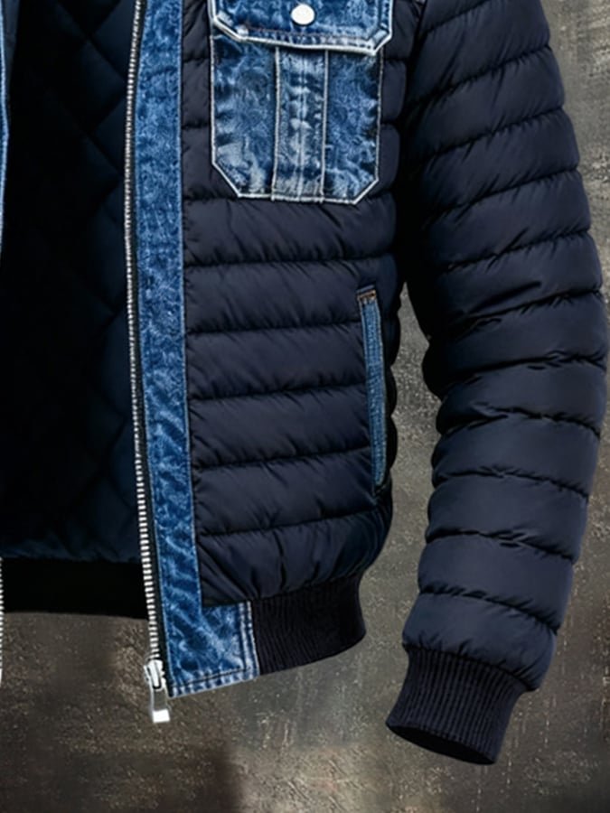 Blouson Bomber Matelassé Pour Homme, Avec Empiècements En Denim Et Poches Pratiques : Un Blouson D'hiver Chaud, Idéal Pour Un Usage Quotidien Et Un Style Urbain Décontracté