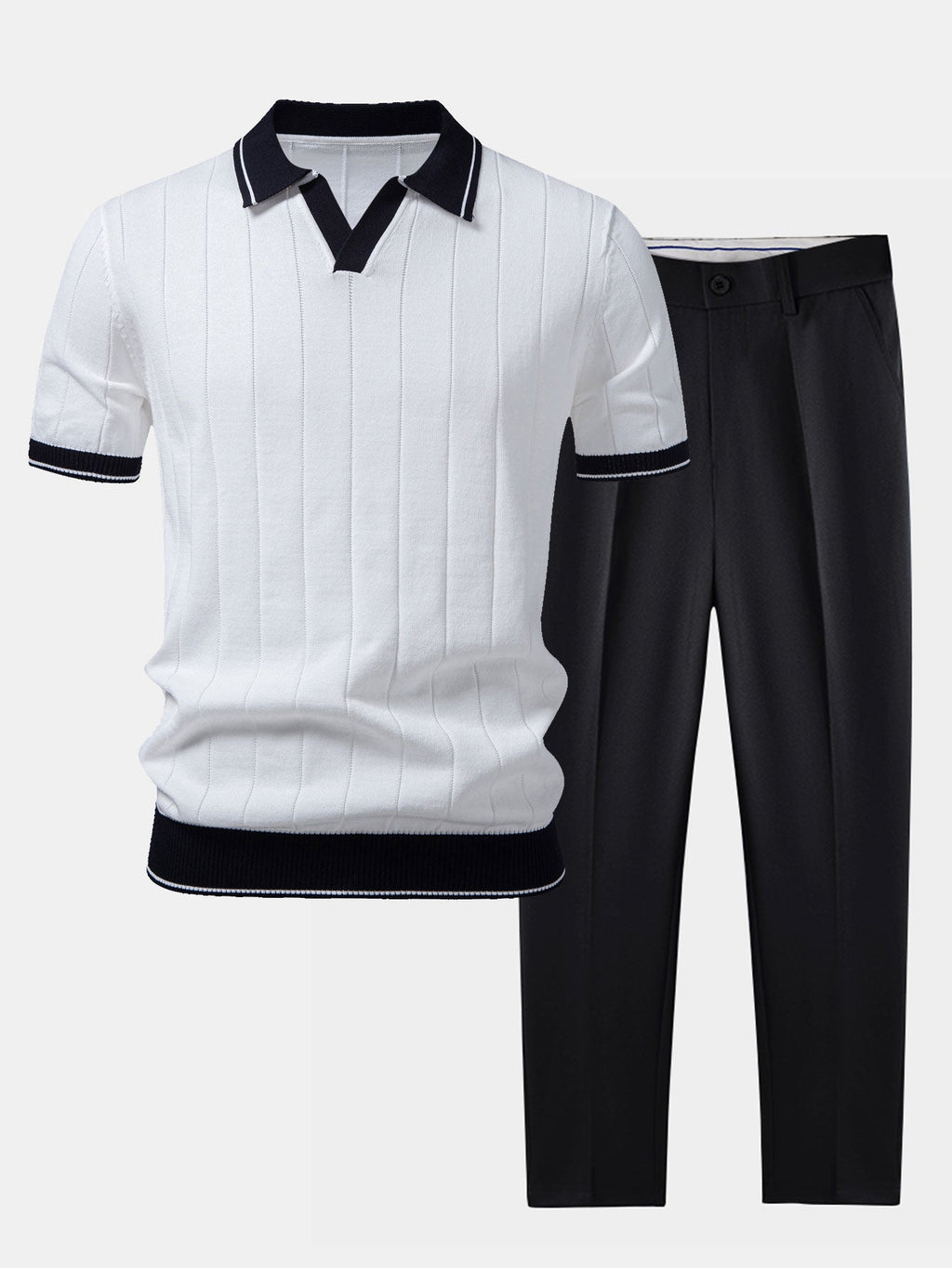 Ensemble Polo En Maille Pour Homme Avec Pantalon Fuselé : Une Tenue Élégante En Deux Pièces, Idéale Pour Un Style Chic Et Décontracté, AU Travail Ou AU Quotidien