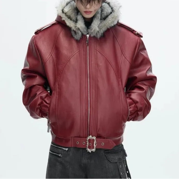 Blouson Aviateur Pour Homme En Simili Cuir, Avec Capuche Et Bordure En Fourrure : Un Blouson D'hiver Chaud, Orné De Boucles AU Niveau De L'ourlet, Idéal Pour Un Look Décontracté AU Quotidien