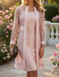Ensemble Pour Femme Composé D'un Cardigan En Dentelle Et D'une Robe Avec Un Détail Torsadé À La Taille : Un Ensemble Coordonné Et Féminin, Idéal Pour Des Tenues Élégantes AU Quotidien Ou Pour Les Occasions Spéciales