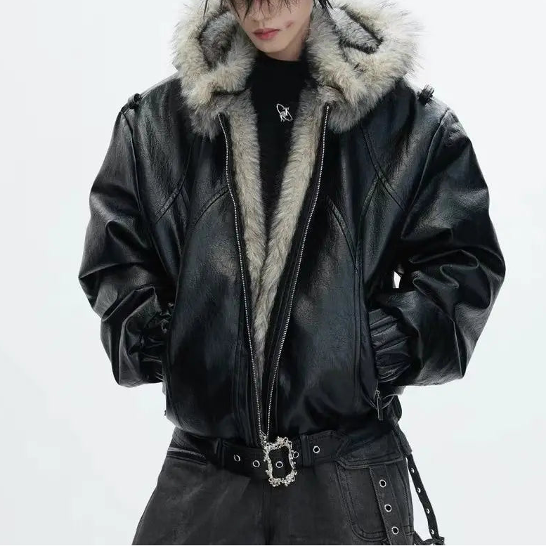 Blouson Aviateur Pour Homme En Simili Cuir, Avec Capuche Et Bordure En Fourrure : Un Blouson D'hiver Chaud, Orné De Boucles AU Niveau De L'ourlet, Idéal Pour Un Look Décontracté AU Quotidien