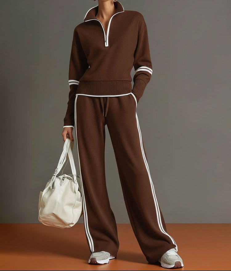 Ensemble De Détente Pour Femme Composé D'un Sweat À Demi-zip Et D'un Pantalon À Jambes Larges : Un Ensemble Doux Et Extensible, Idéal Pour Se Détendre Et Voyager