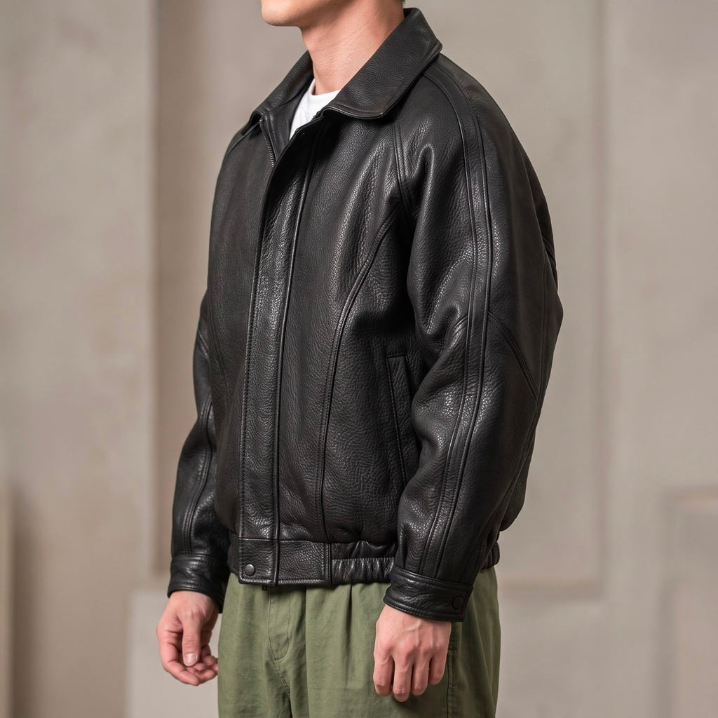 Veste En Cuir Pour Homme Avec Fermeture Éclair Et Col Texturé – Un Vêtement D'extérieur Classique Pour Le Printemps Et L'automne