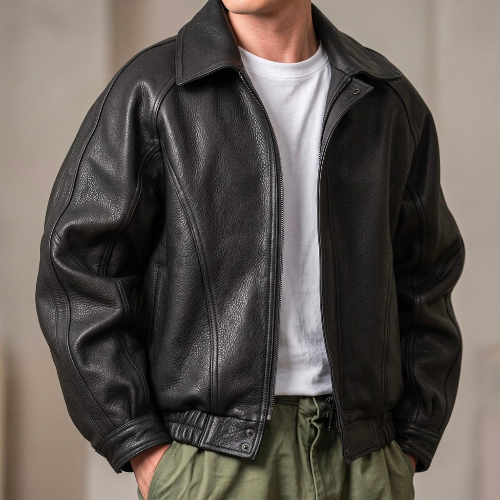 Veste En Cuir Pour Homme Avec Fermeture Éclair Et Col Texturé – Un Vêtement D'extérieur Classique Pour Le Printemps Et L'automne