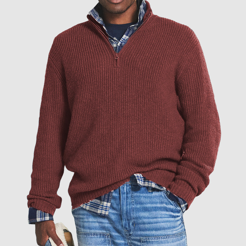 Pull En Cachemire Côtelé Pour Homme, Doté D'une Fermeture Éclair Sur Un Quart De La Longueur Et D'une Coupe Classique : Un Modèle Élégant Et Confortable, Idéal Pour Un Style Chic Et Décontracté Et Pour Un Usage Quotidien.