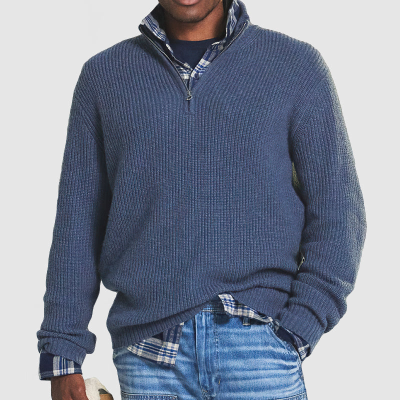 Pull En Cachemire Côtelé Pour Homme, Doté D'une Fermeture Éclair Sur Un Quart De La Longueur Et D'une Coupe Classique : Un Modèle Élégant Et Confortable, Idéal Pour Un Style Chic Et Décontracté Et Pour Un Usage Quotidien.