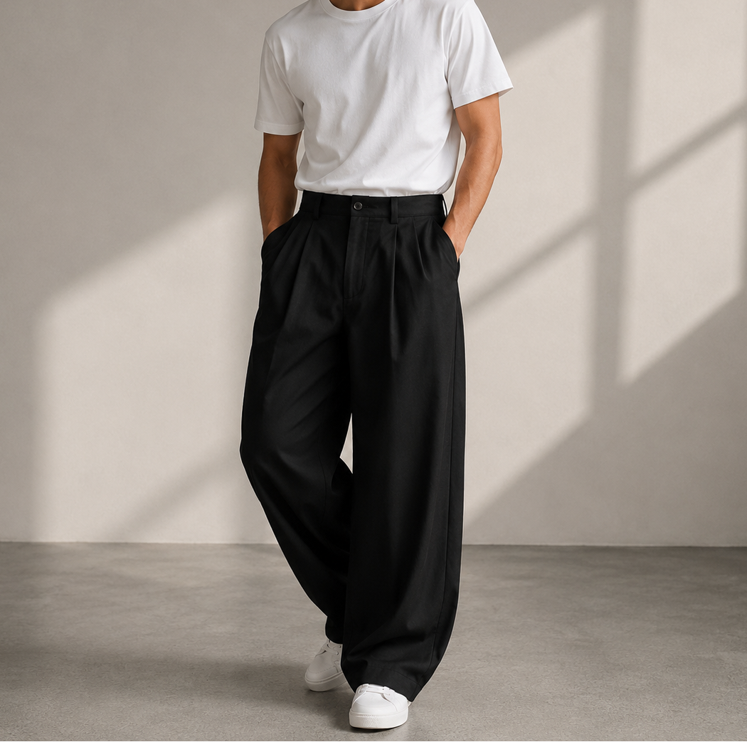 Pantalon Pour Homme À Plis Et Jambes Larges – Coupe Décontractée Et Moderne, Idéal Pour Le Quotidien Et Les Voyages